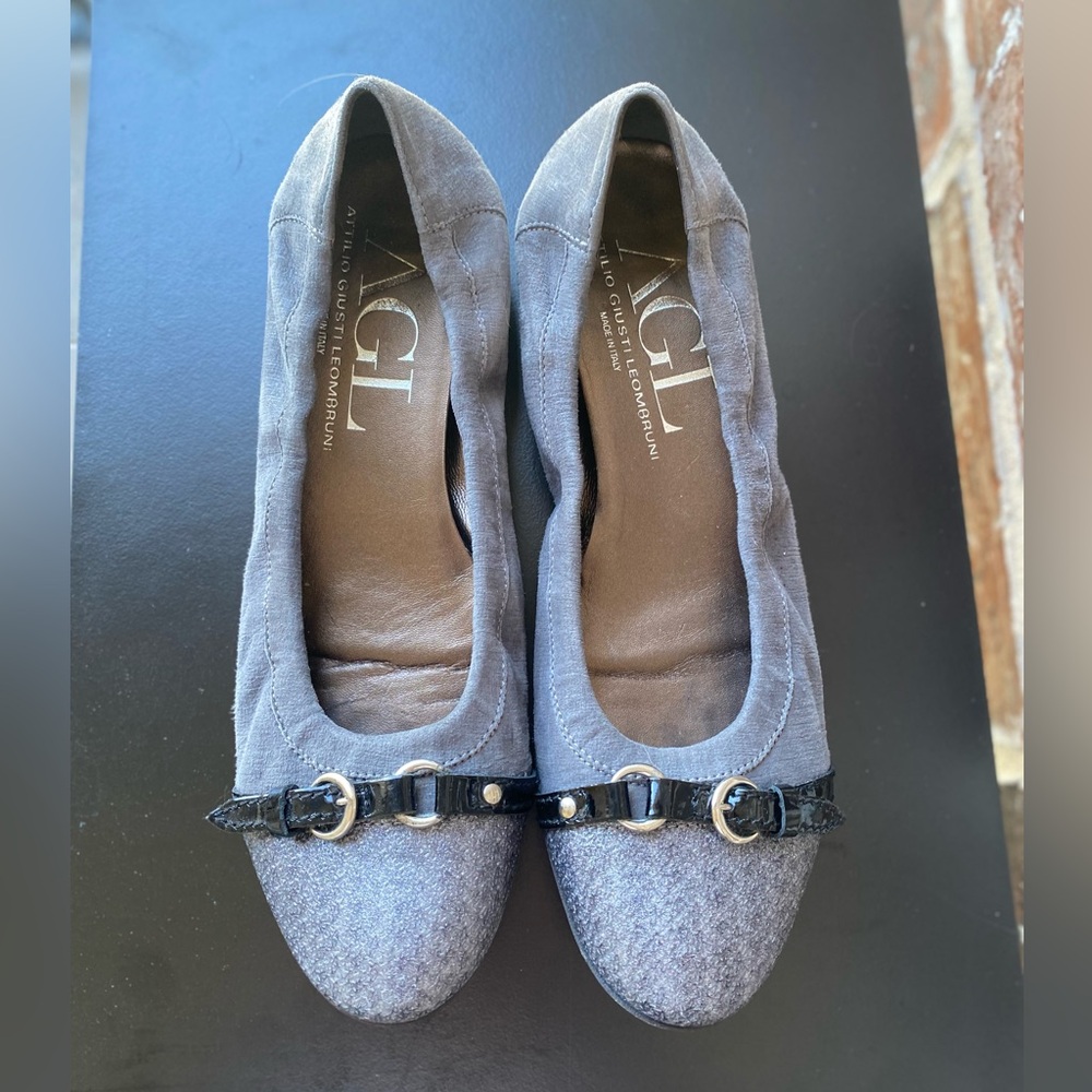 AGL Monika Gray Suede Ballet Flats Size 41 /11 with Sparkle Cap Toe